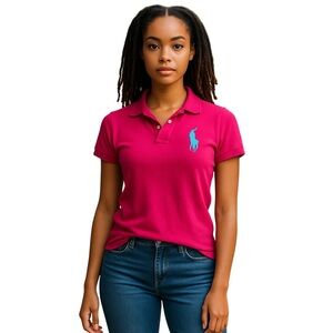 Ralph Lauren Embossed Logo Short Sleeve 100% Cotton Shirt Magenta Medium